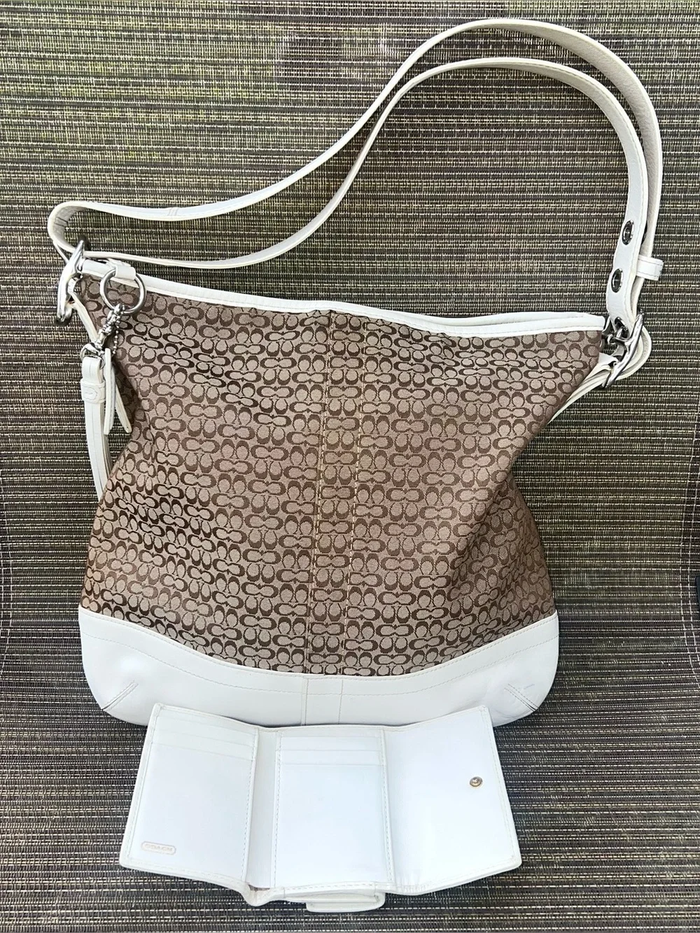 Y2K Vintage Coach F10416 Signature Monogram Jacquard Shoulder Bag White Leather